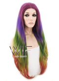 24" Long Curly Burgundy Red Purple Green Yellow Mixed Red Lace Front Synthetic Hair Wig LF1565