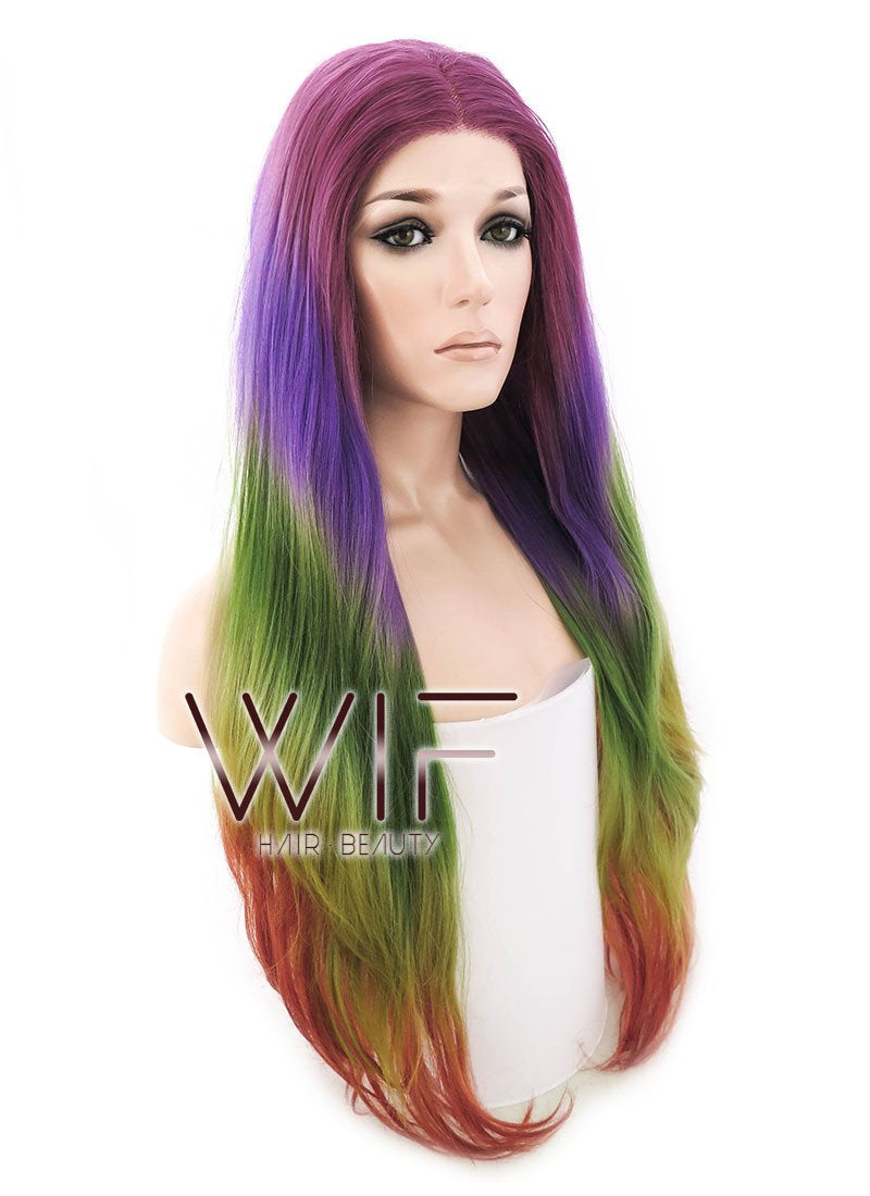 24" Long Curly Burgundy Red Purple Green Yellow Mixed Red Lace Front Synthetic Hair Wig LF1565
