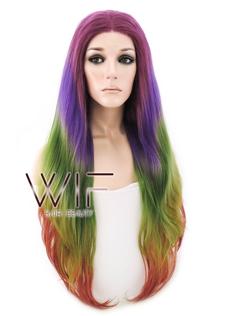 24" Long Curly Burgundy Red Purple Green Yellow Mixed Red Lace Front Synthetic Hair Wig LF1565