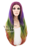 24" Long Curly Burgundy Red Purple Green Yellow Mixed Red Lace Front Synthetic Hair Wig LF1565