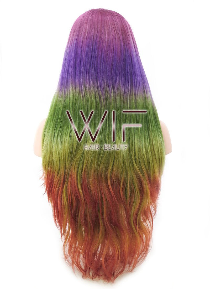24" Long Curly Burgundy Red Purple Green Yellow Mixed Red Lace Front Synthetic Hair Wig LF1565