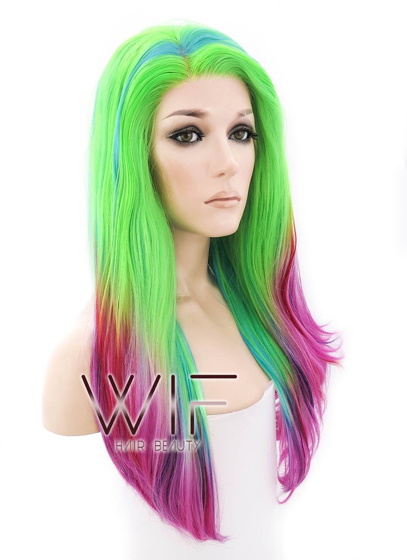 16" Medium Wavy Green Blue Red Pink Mixed Lace Front Synthetic Hair Wig LF1567