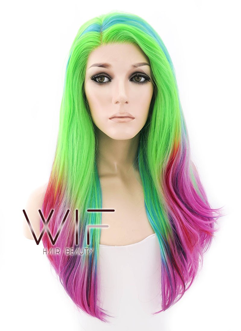 16" Medium Wavy Green Blue Red Pink Mixed Lace Front Synthetic Hair Wig LF1567