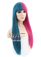 24" Long Straight Blue Mixed Pink Split Color Lace Front Synthetic Hair Wig LF1569