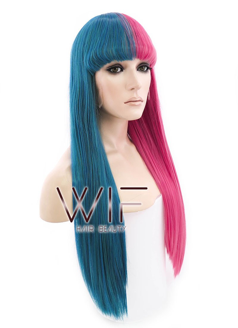 24" Long Straight Blue Mixed Pink Split Color Lace Front Synthetic Hair Wig LF1569