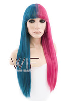 24" Long Straight Blue Mixed Pink Split Color Lace Front Synthetic Hair Wig LF1569