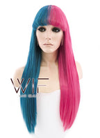 24" Long Straight Blue Mixed Pink Split Color Lace Front Synthetic Hair Wig LF1569