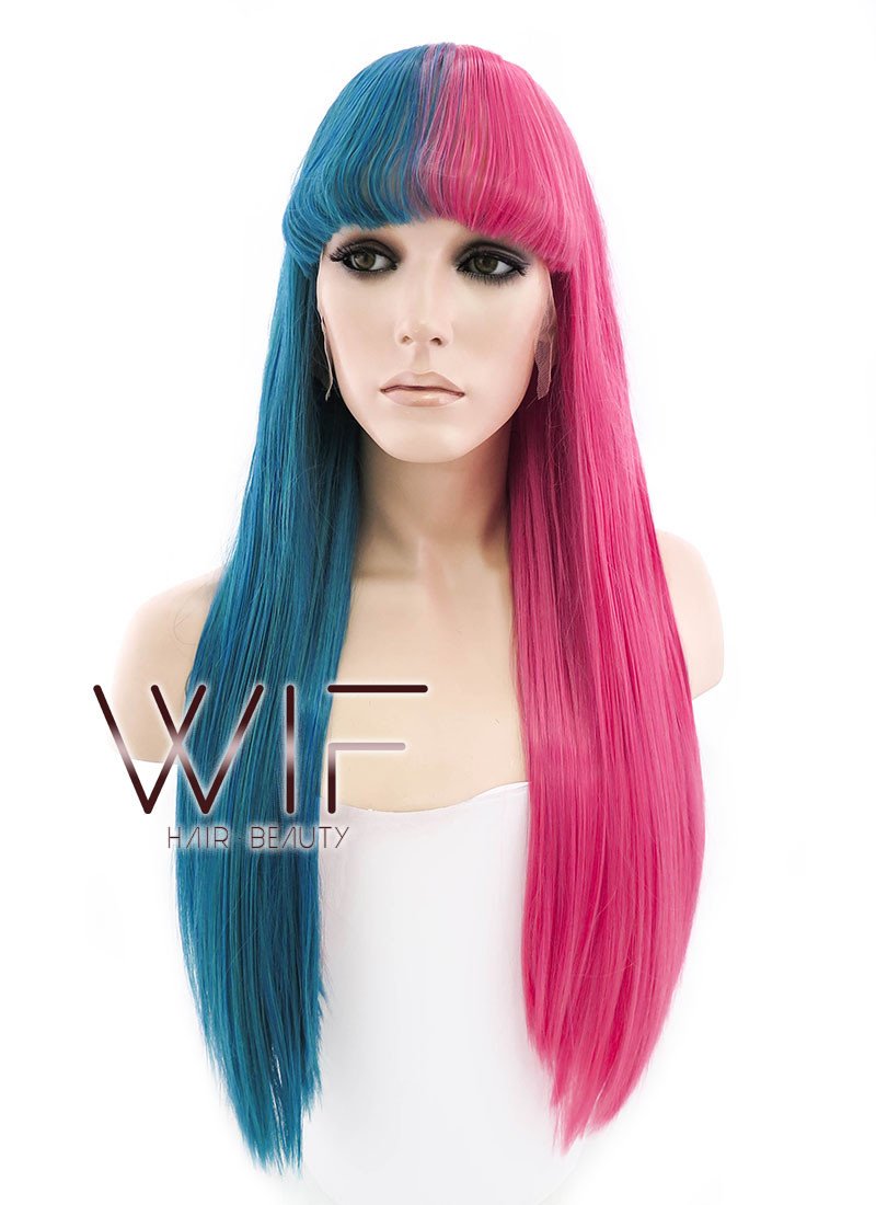 24" Long Straight Blue Mixed Pink Split Color Lace Front Synthetic Hair Wig LF1569
