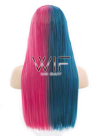 24" Long Straight Blue Mixed Pink Split Color Lace Front Synthetic Hair Wig LF1569
