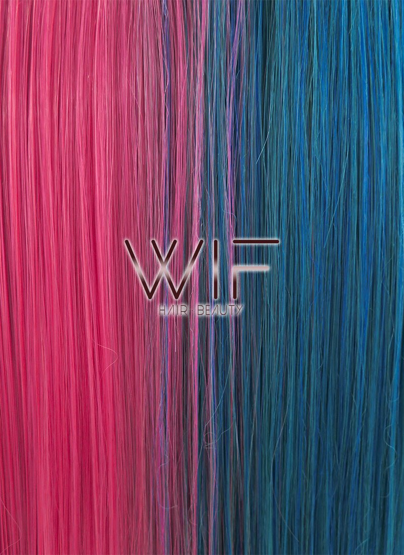 24" Long Straight Blue Mixed Pink Split Color Lace Front Synthetic Hair Wig LF1569