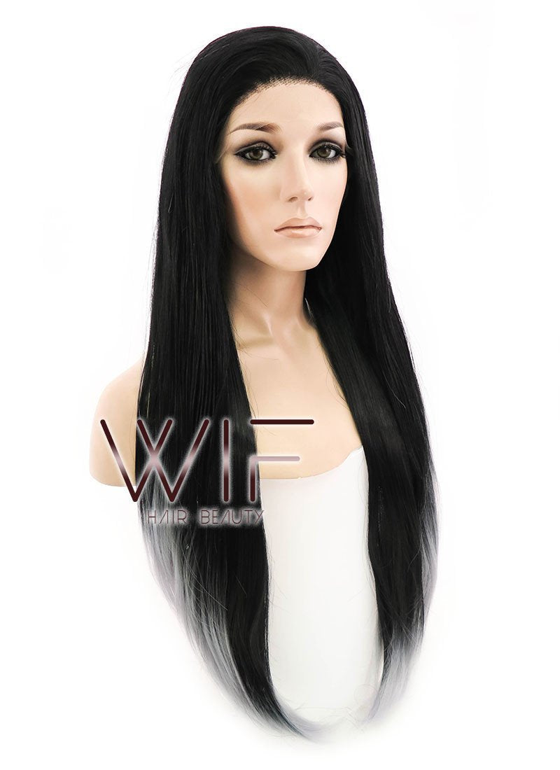 24" Long Straight Black Mixed Grey Lace Front Synthetic Hair Wig LF1572