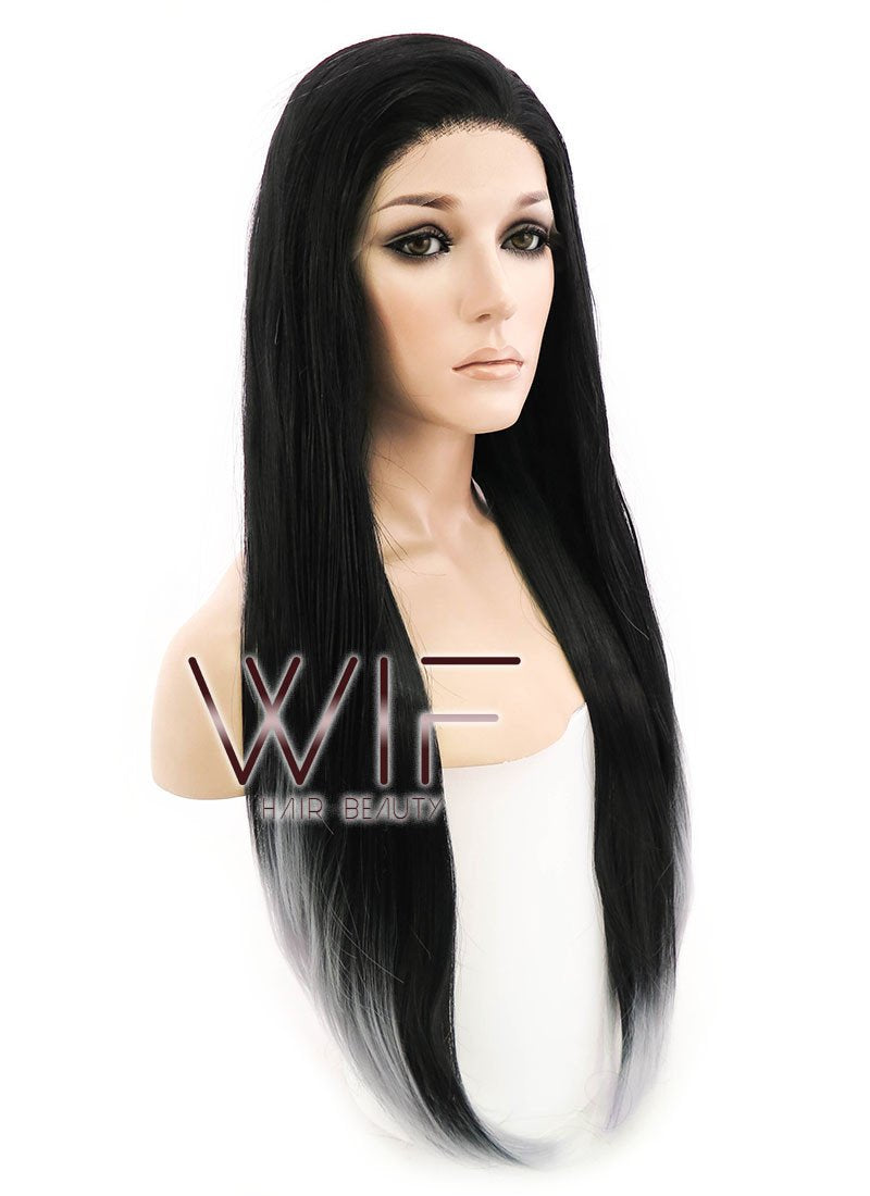 24" Long Straight Black Mixed Grey Lace Front Synthetic Hair Wig LF1572
