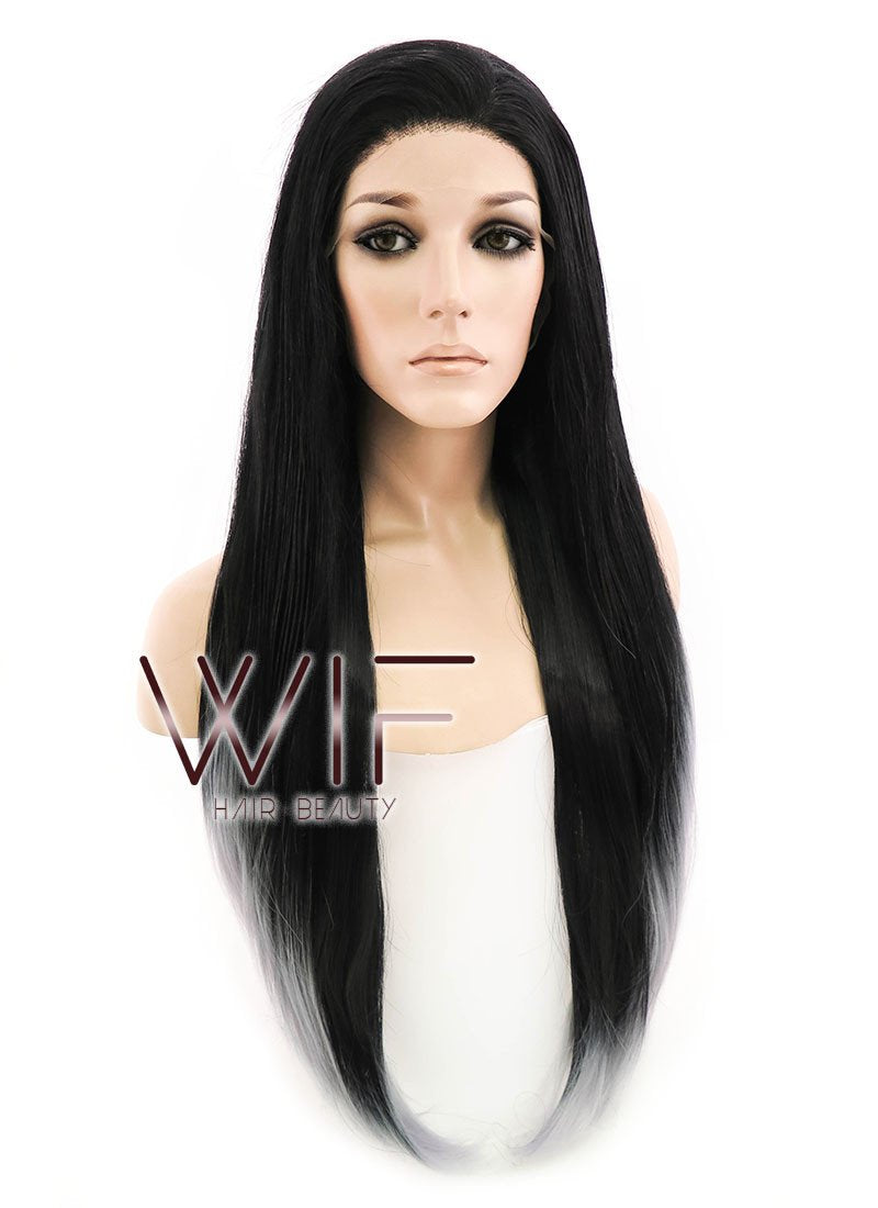 24" Long Straight Black Mixed Grey Lace Front Synthetic Hair Wig LF1572