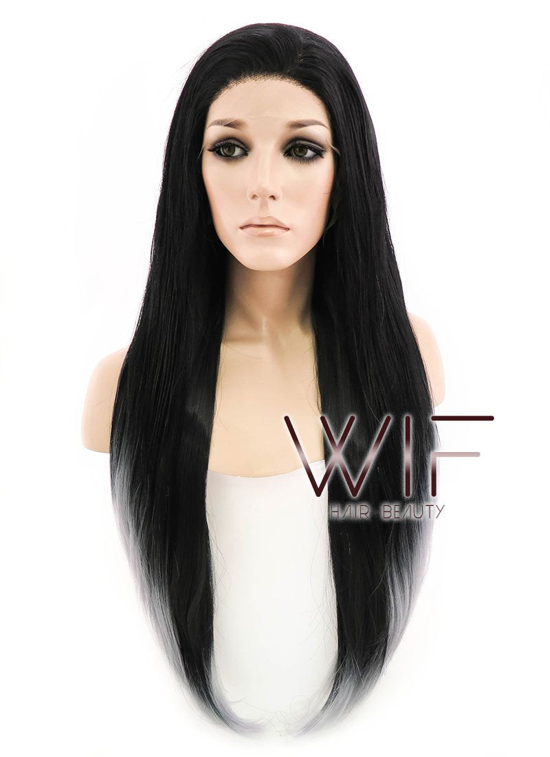 24" Long Straight Black Mixed Grey Lace Front Synthetic Hair Wig LF1572