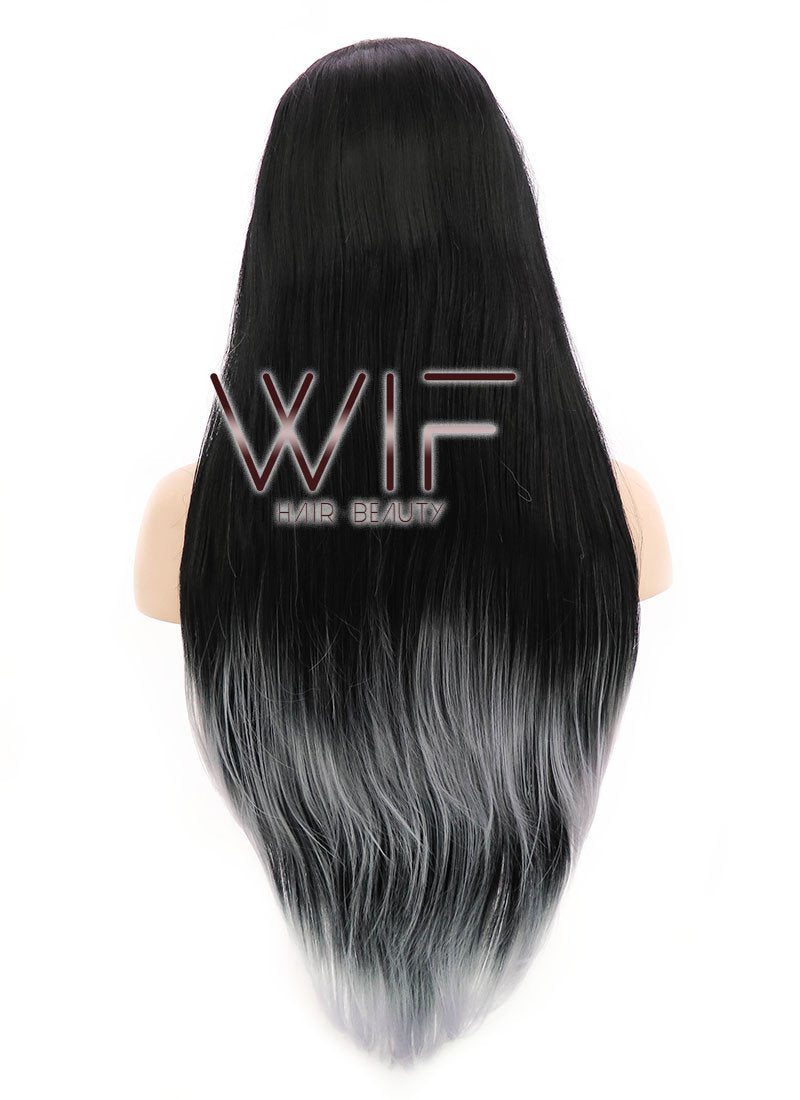 24" Long Straight Black Mixed Grey Lace Front Synthetic Hair Wig LF1572