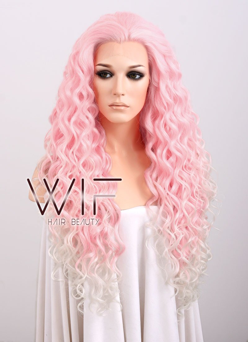 26" Spiral Curly Pink Blonde Ombre Lace Front Synthetic Wig LF165