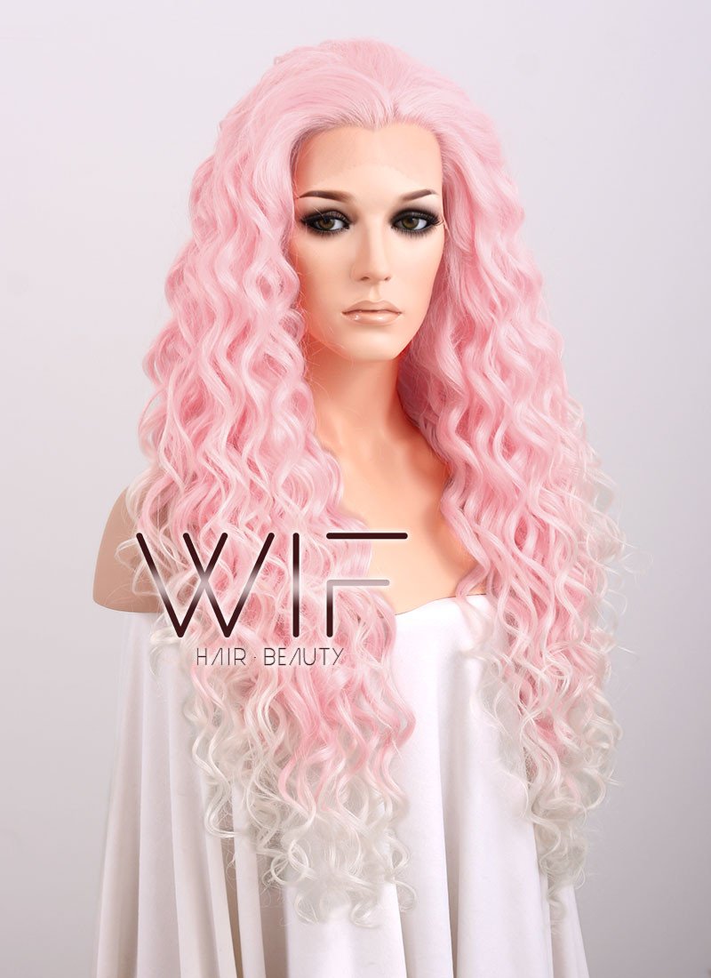 26" Spiral Curly Pink Blonde Ombre Lace Front Synthetic Wig LF165