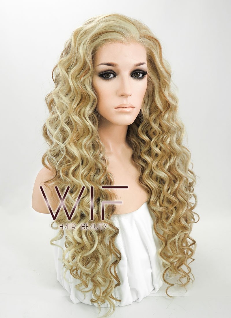 26" Spiral Curly Golden Blonde Mixed Brown Lace Front Synthetic Wig LF179
