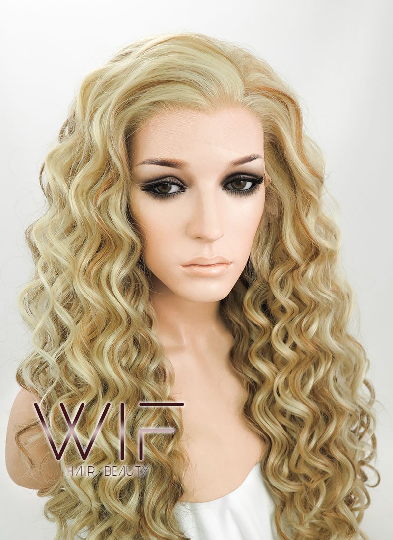 26" Spiral Curly Golden Blonde Mixed Brown Lace Front Synthetic Wig LF179