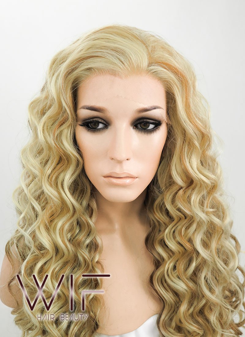 26" Spiral Curly Golden Blonde Mixed Brown Lace Front Synthetic Wig LF179