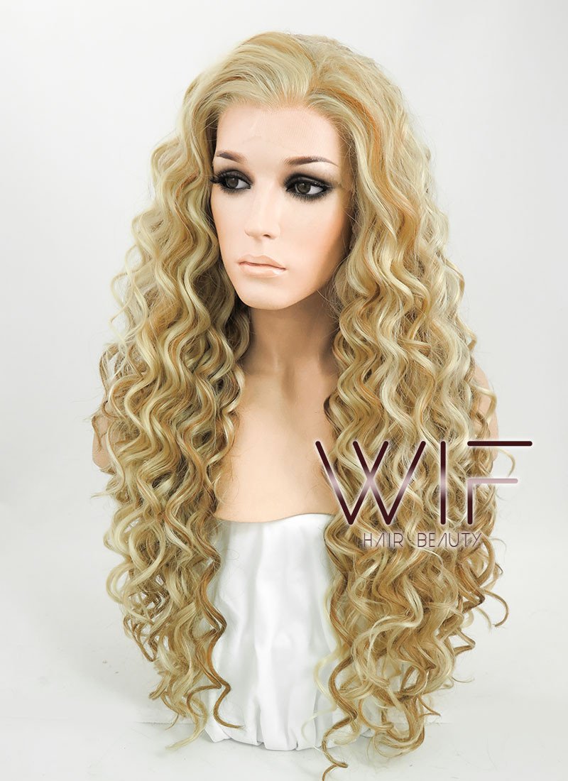 26" Spiral Curly Golden Blonde Mixed Brown Lace Front Synthetic Wig LF179