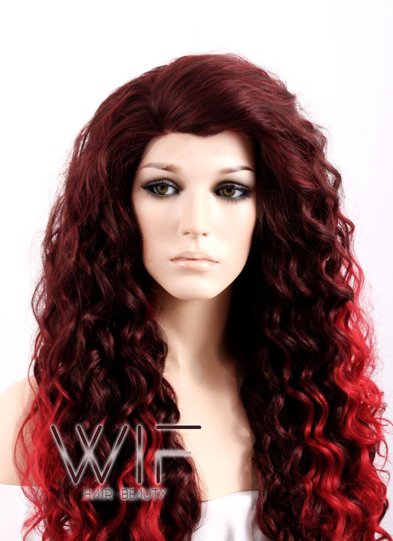 Long Curly 26" Medium & Dark Red Mix Ombre Lace Front Synthetic Fashion Wig