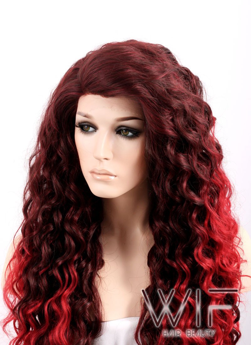 Long Curly 26" Medium & Dark Red Mix Ombre Lace Front Synthetic Fashion Wig