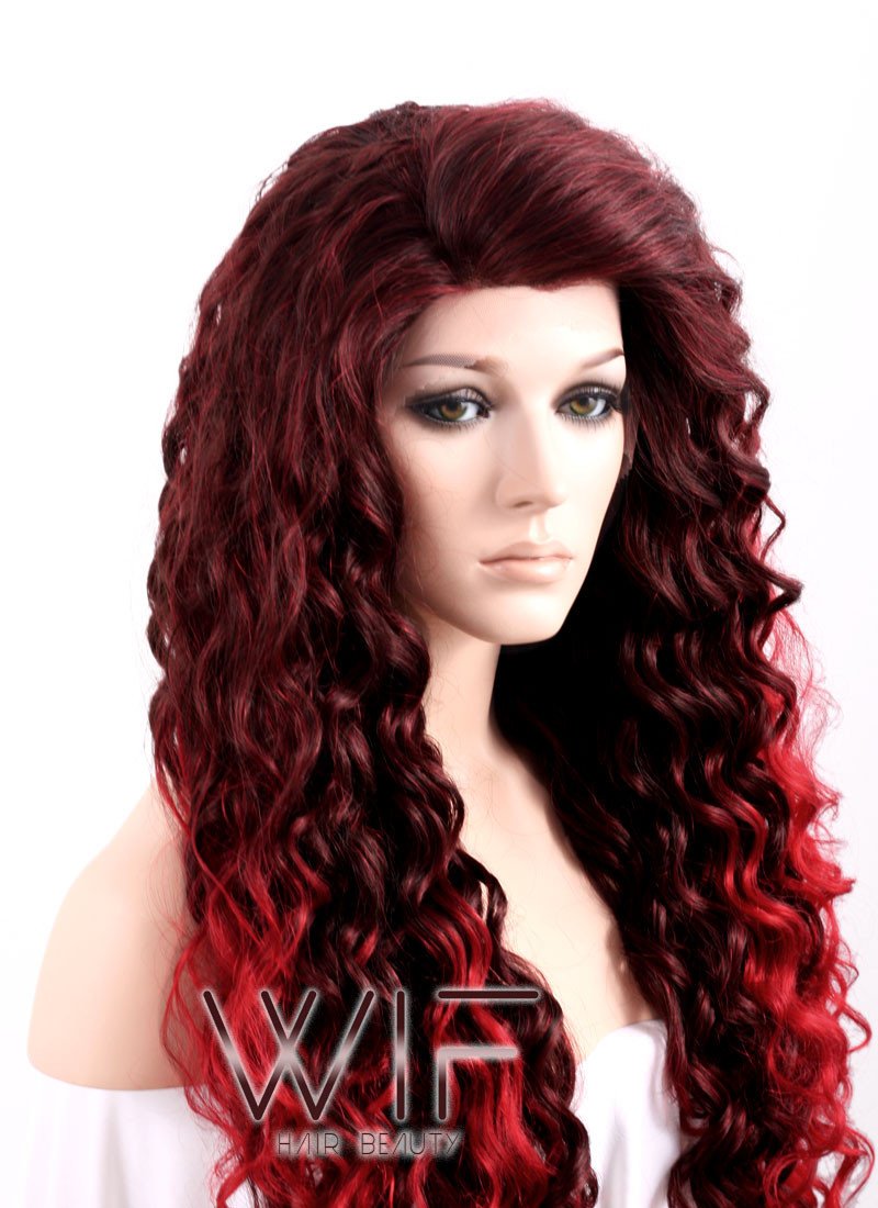 Long Curly 26" Medium & Dark Red Mix Ombre Lace Front Synthetic Fashion Wig