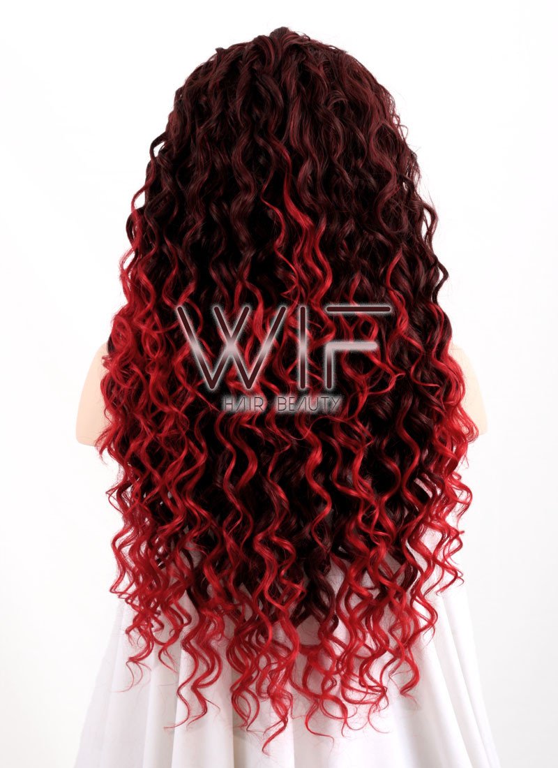 Long Curly 26" Medium & Dark Red Mix Ombre Lace Front Synthetic Fashion Wig