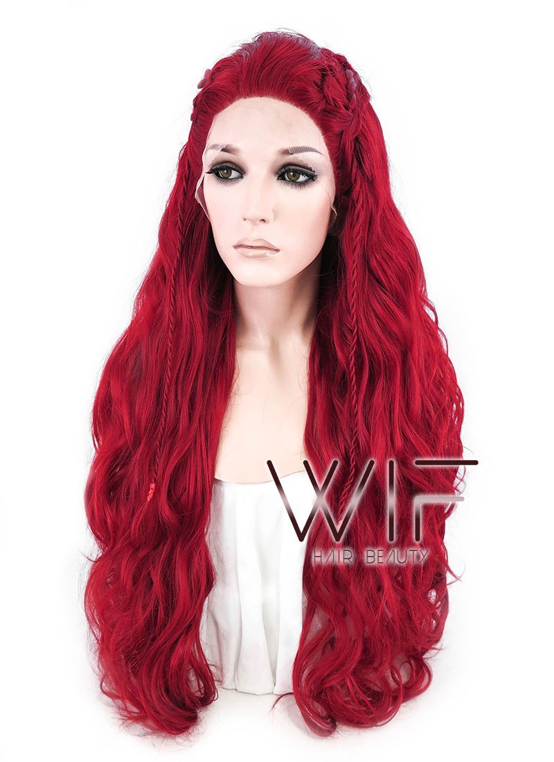 28" Long Curly Red Braided Lace Front Synthetic Hair Wig LF2000