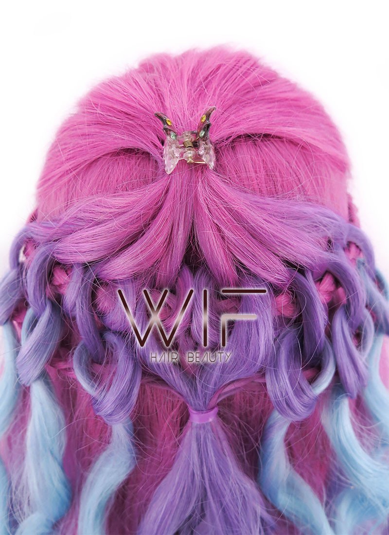 30" Long Curly Megenta Purple Blue Mixed Braided Lace Front Synthetic Hair Wig LF2001