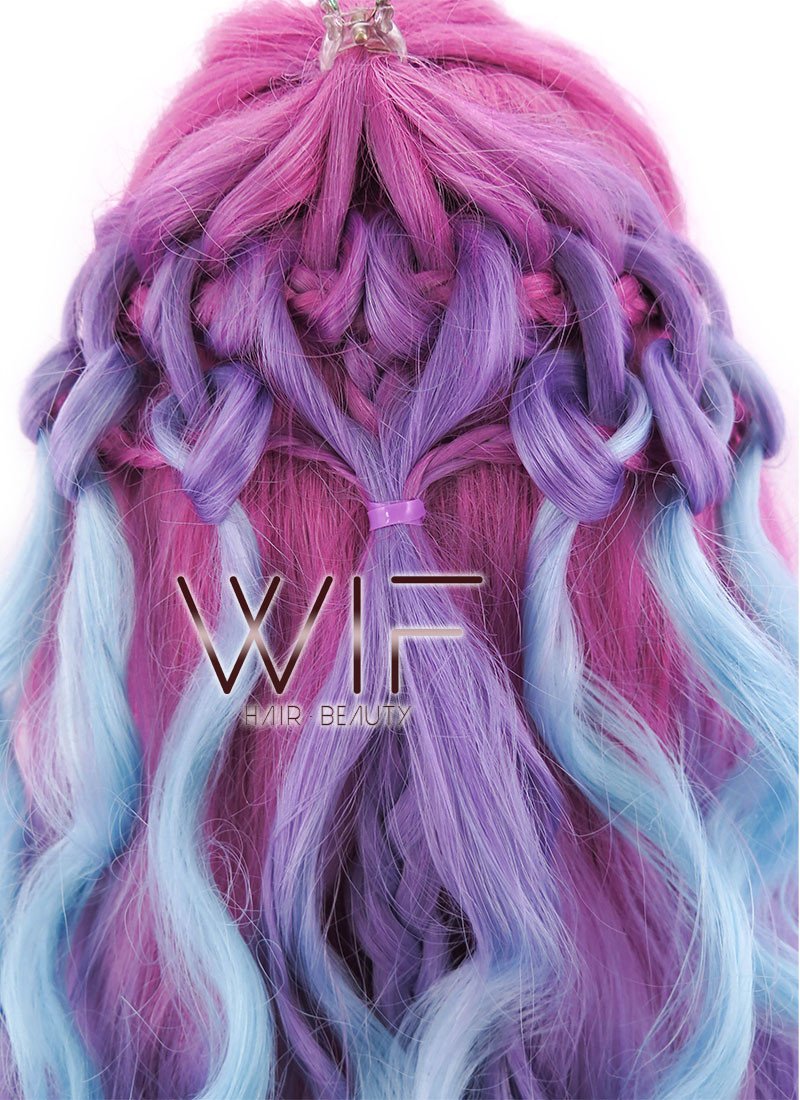 30" Long Curly Megenta Purple Blue Mixed Braided Lace Front Synthetic Hair Wig LF2001