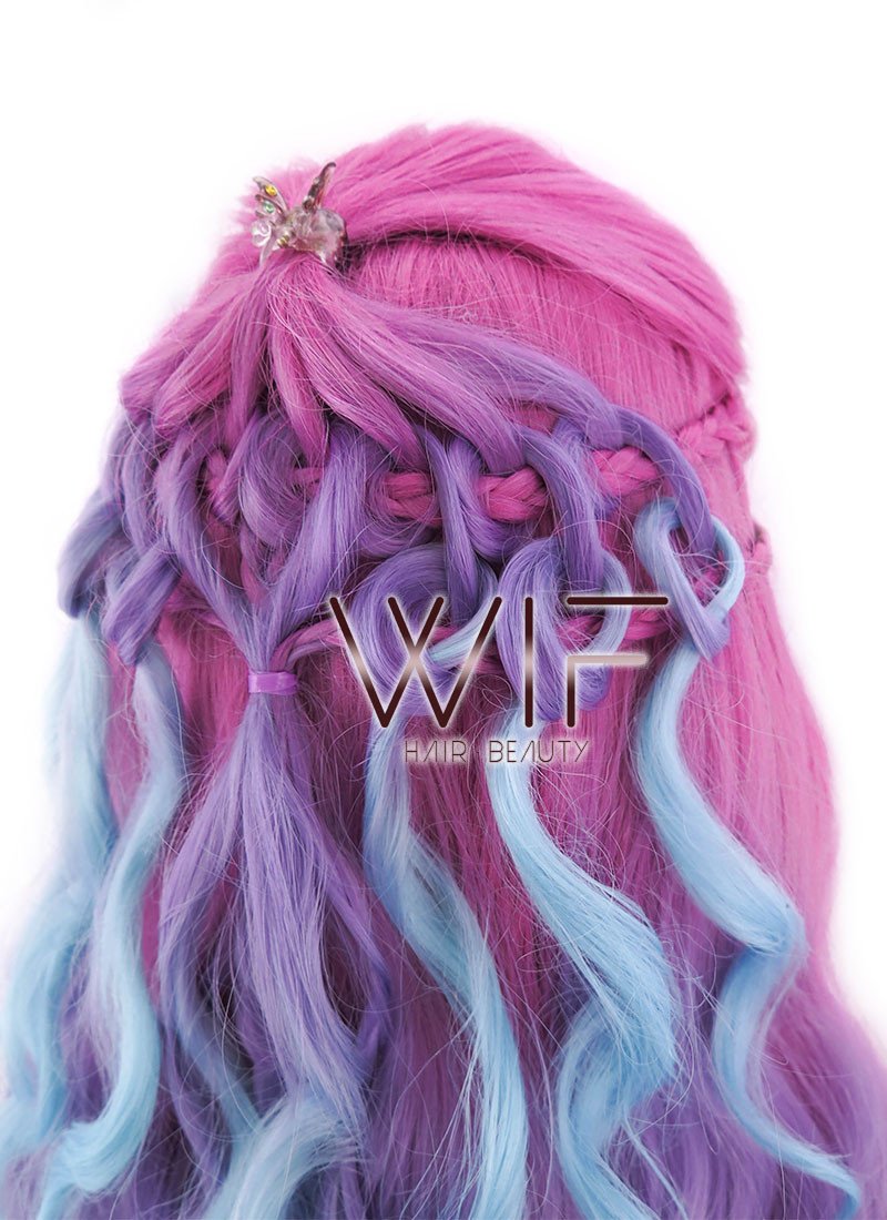 30" Long Curly Megenta Purple Blue Mixed Braided Lace Front Synthetic Hair Wig LF2001