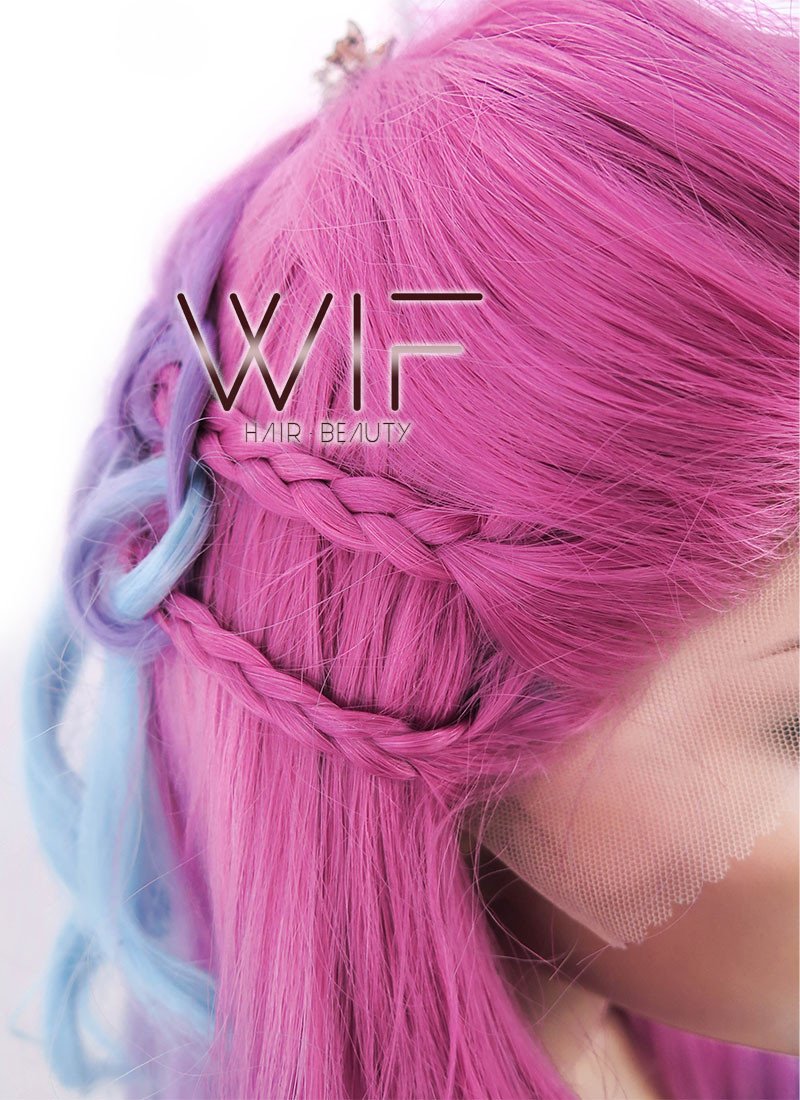 30" Long Curly Megenta Purple Blue Mixed Braided Lace Front Synthetic Hair Wig LF2001
