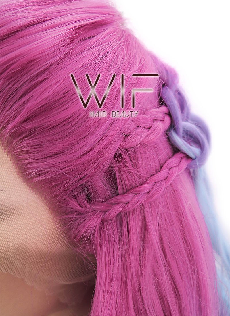 30" Long Curly Megenta Purple Blue Mixed Braided Lace Front Synthetic Hair Wig LF2001