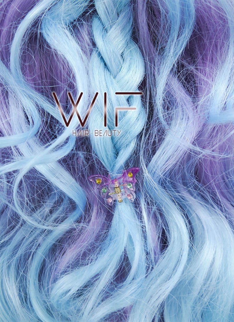 30" Long Curly Megenta Purple Blue Mixed Braided Lace Front Synthetic Hair Wig LF2001
