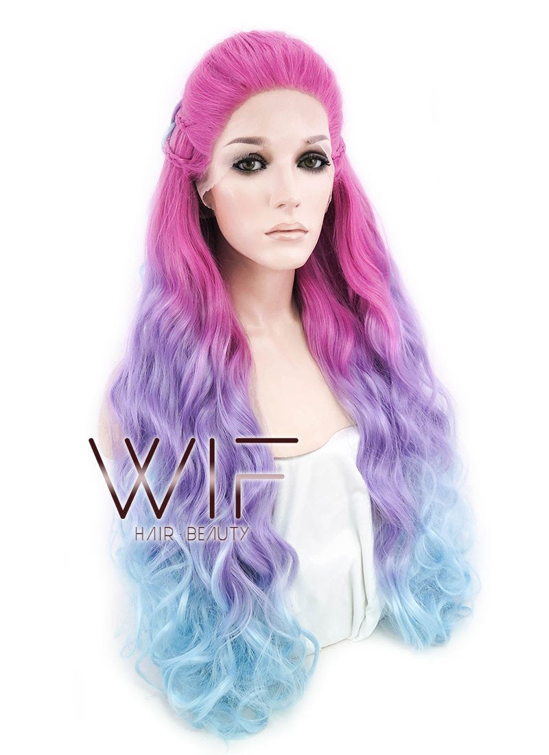 30" Long Curly Megenta Purple Blue Mixed Braided Lace Front Synthetic Hair Wig LF2001