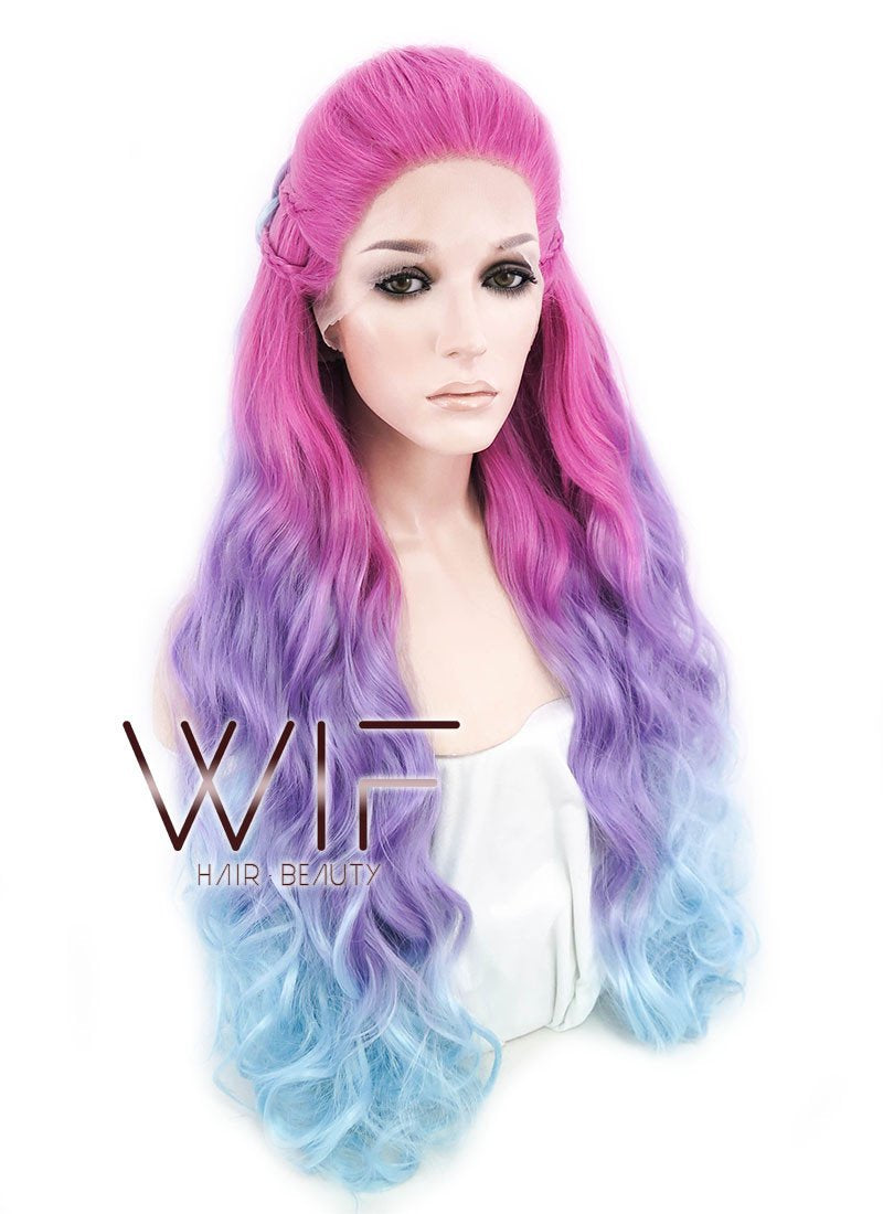 30" Long Curly Megenta Purple Blue Mixed Braided Lace Front Synthetic Hair Wig LF2001