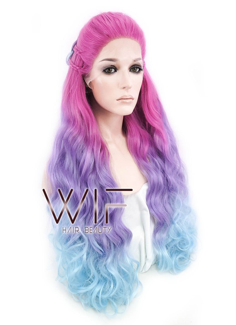 30" Long Curly Megenta Purple Blue Mixed Braided Lace Front Synthetic Hair Wig LF2001