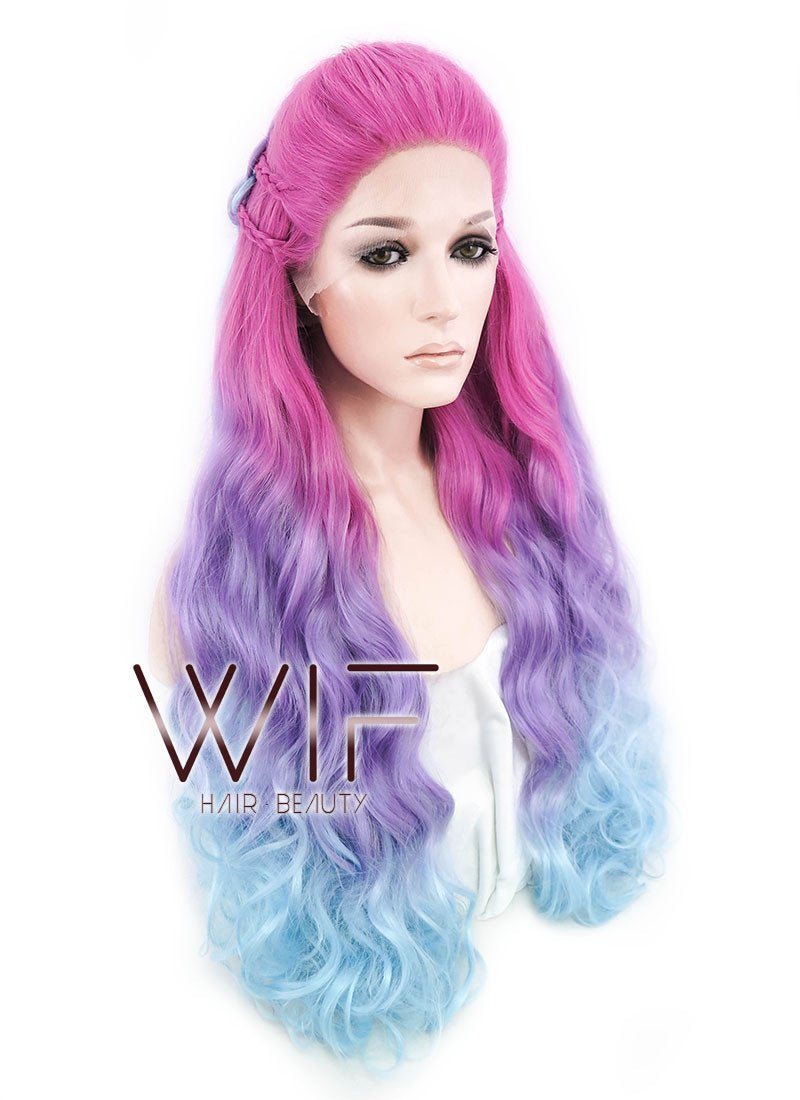 30" Long Curly Megenta Purple Blue Mixed Braided Lace Front Synthetic Hair Wig LF2001