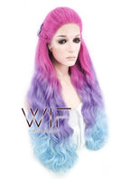 30" Long Curly Megenta Purple Blue Mixed Braided Lace Front Synthetic Hair Wig LF2001