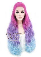 30" Long Curly Megenta Purple Blue Mixed Braided Lace Front Synthetic Hair Wig LF2001
