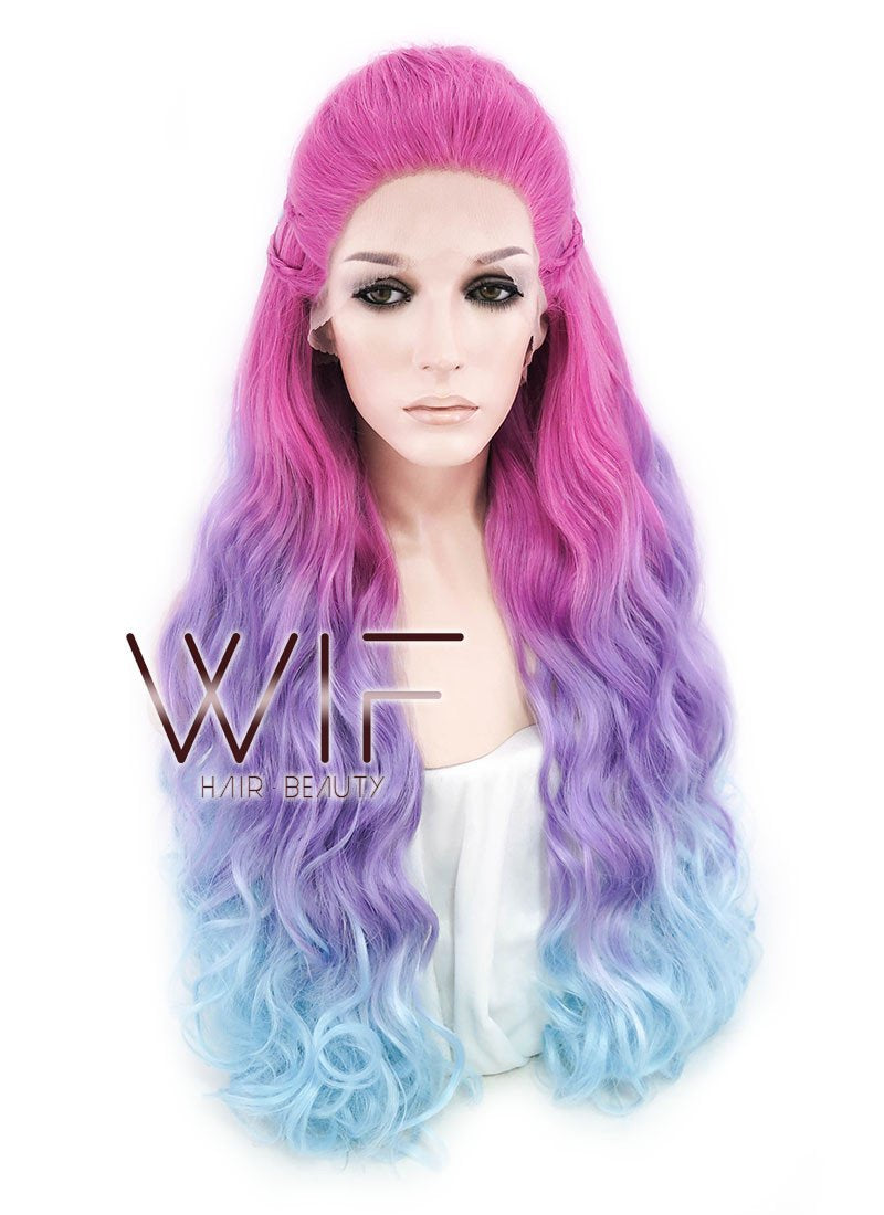 30" Long Curly Megenta Purple Blue Mixed Braided Lace Front Synthetic Hair Wig LF2001
