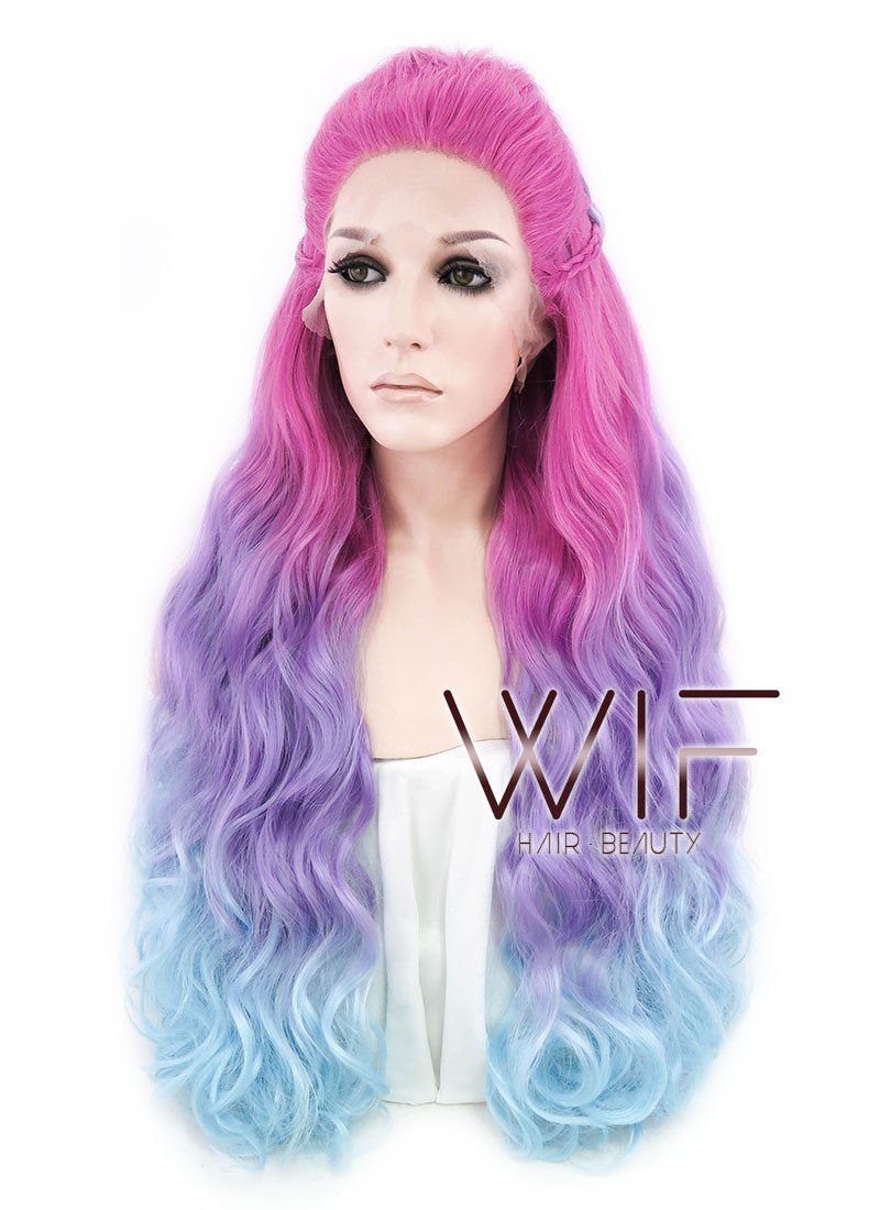 30" Long Curly Megenta Purple Blue Mixed Braided Lace Front Synthetic Hair Wig LF2001