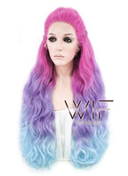 30" Long Curly Megenta Purple Blue Mixed Braided Lace Front Synthetic Hair Wig LF2001