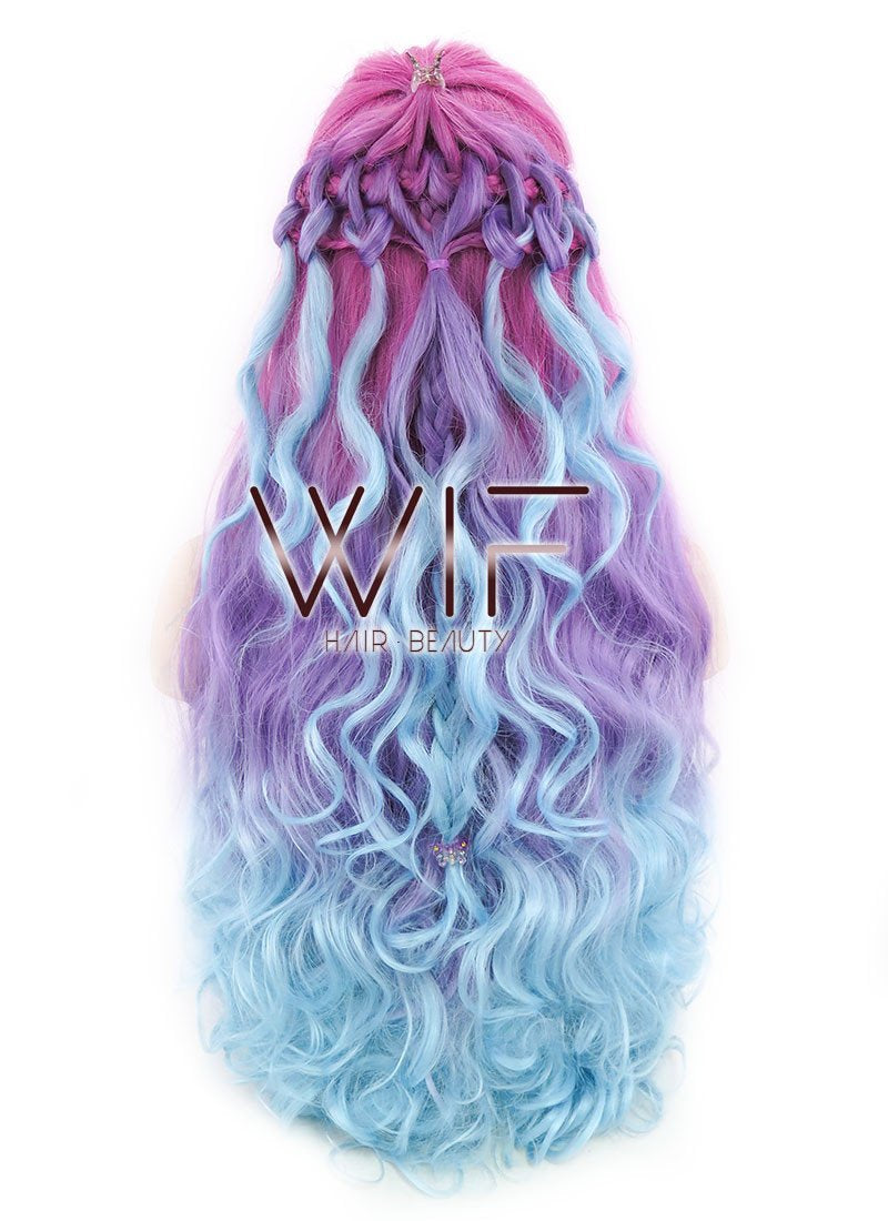 30" Long Curly Megenta Purple Blue Mixed Braided Lace Front Synthetic Hair Wig LF2001