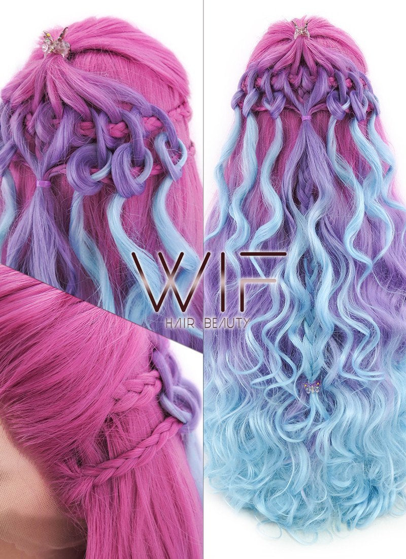 30" Magenta Purple Blue Ombre Braided Lace Front Synthetic Wig LF2001