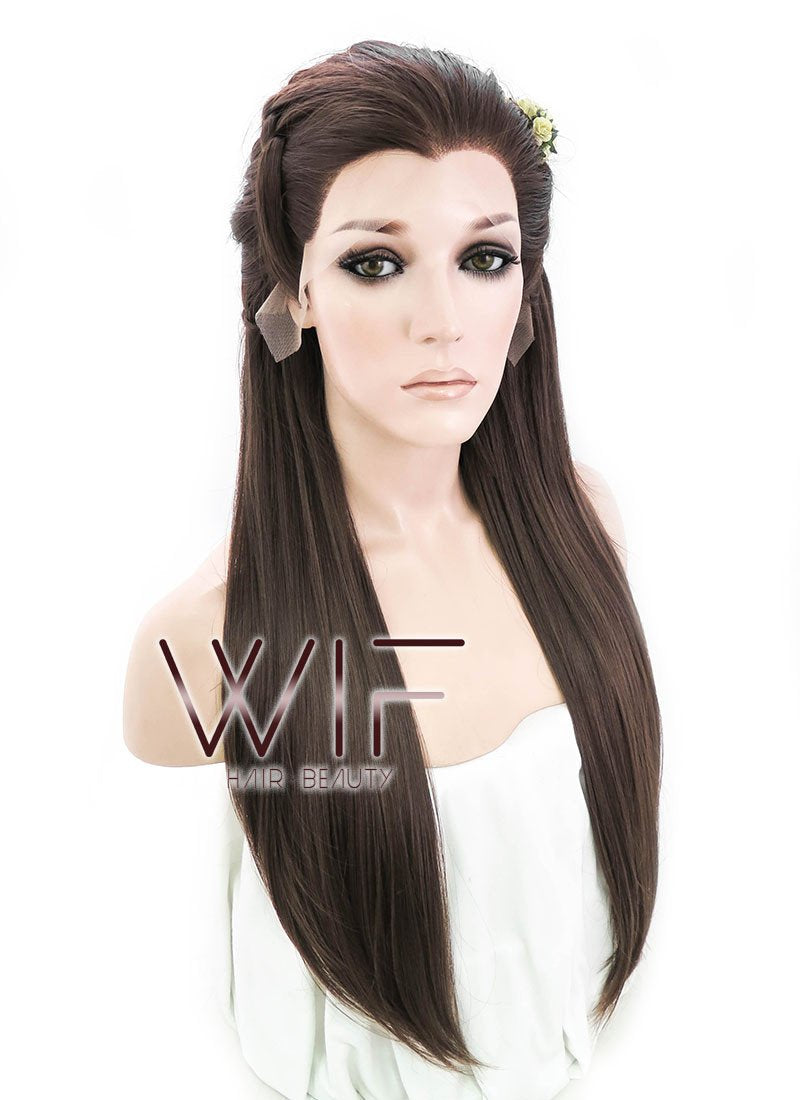 24" Long Brown Braided Lace Front Synthetic Hair Wig LF2003
