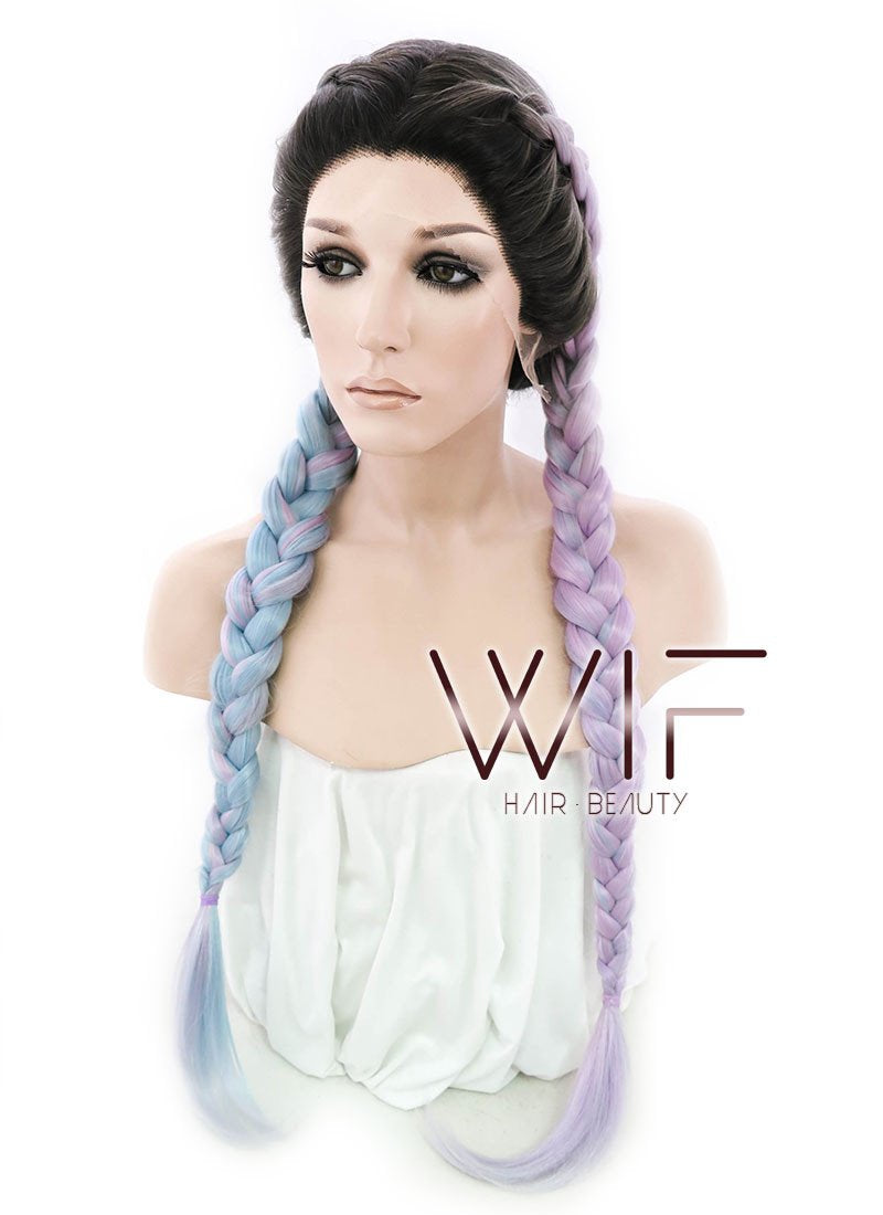 30" Long Curly Megenta Purple Blue Mixed Braided Lace Front Synthetic Hair Wig LF2004
