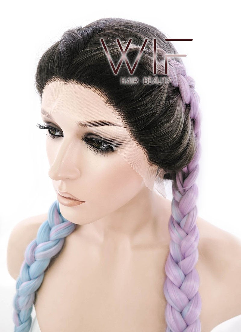 30" Long Curly Megenta Purple Blue Mixed Braided Lace Front Synthetic Hair Wig LF2004
